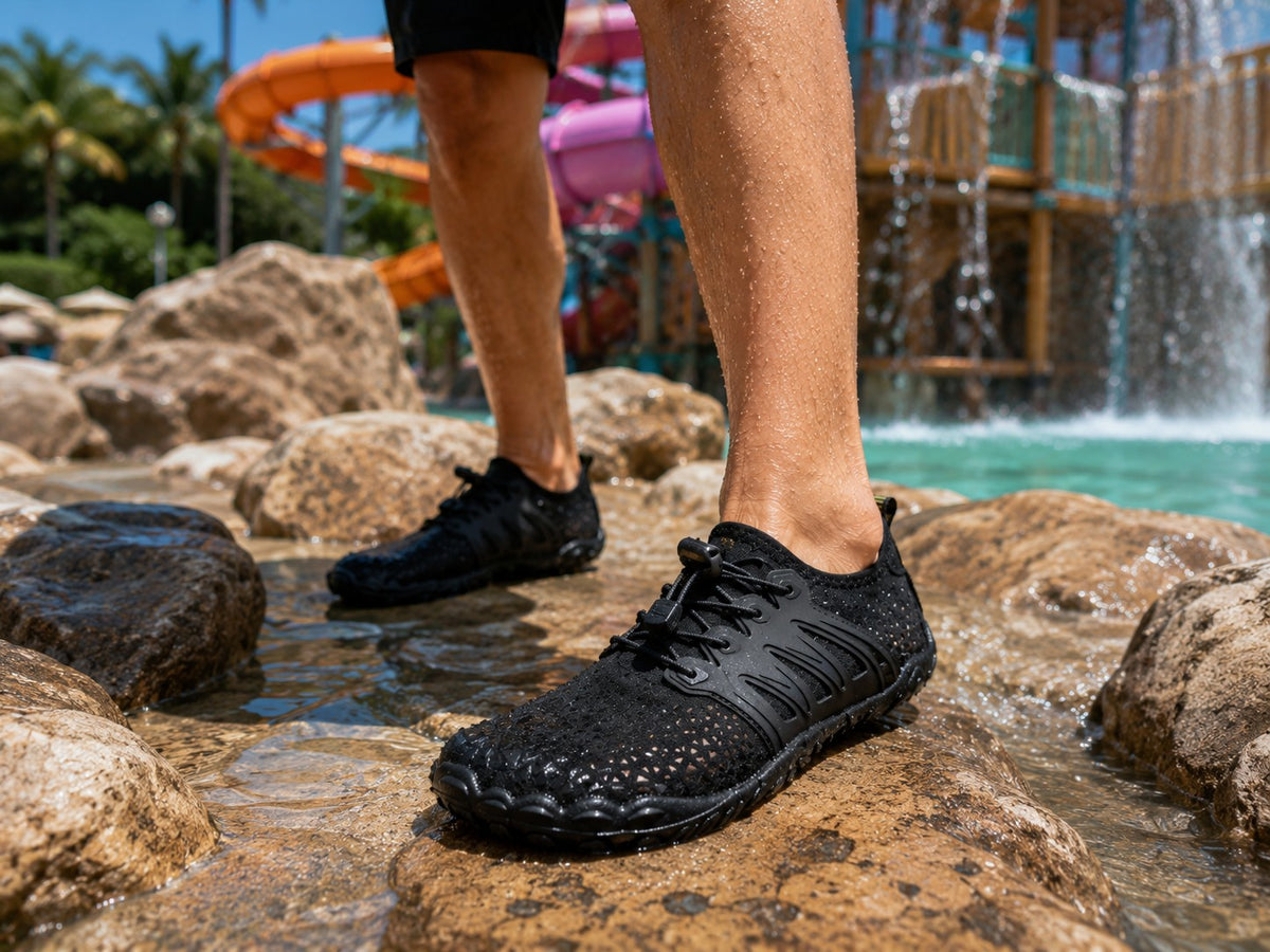 Zapatos acuáticos negros UZI SPORT GUADALAJARA de spandex con suela de caucho y drenaje en rocas de parque acuático