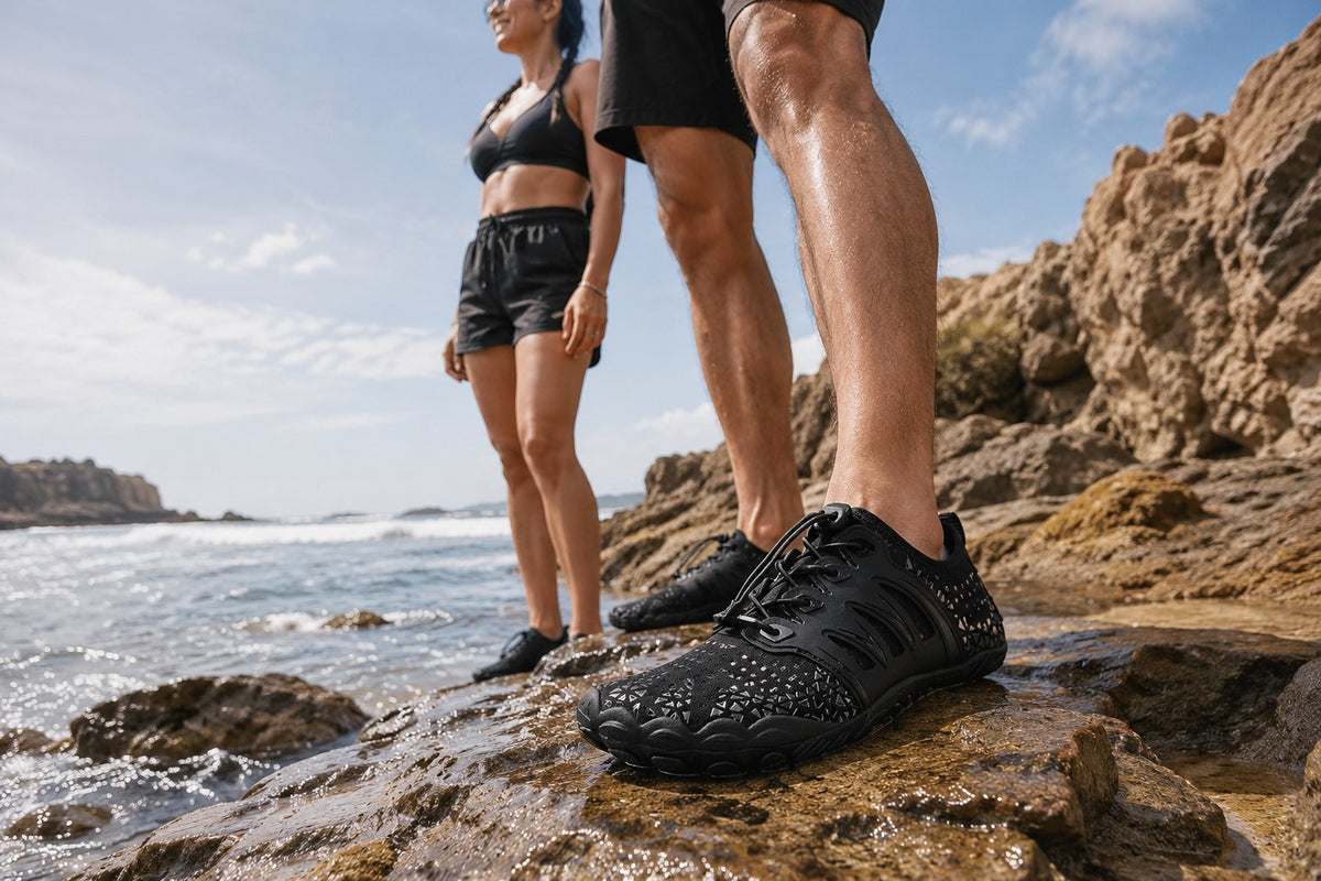 Zapatos acuáticos negros uzi sport guadalajara de spandex con suela de caucho y drenaje sobre rocas en la playa