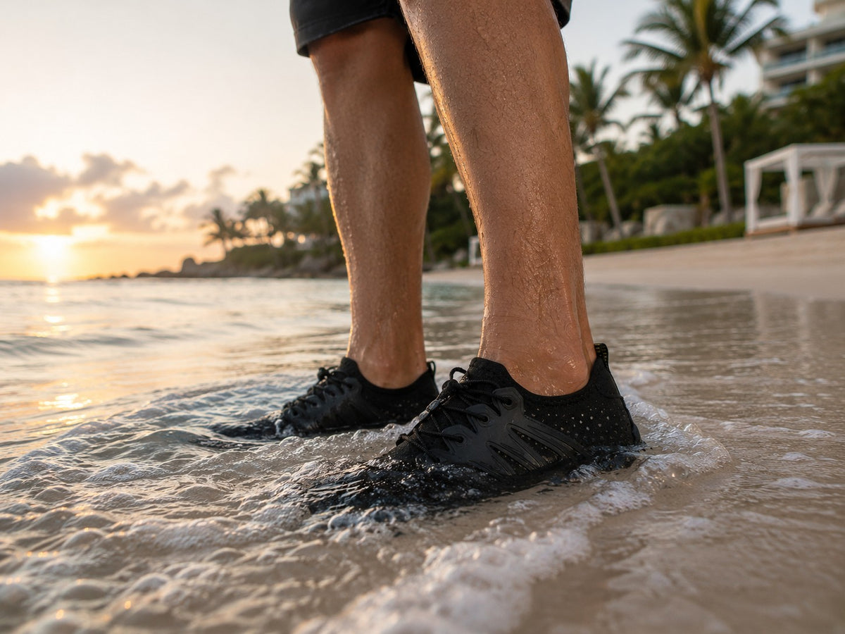 Zapatos acuáticos negros uzi sport guadalajara de spandex con suela de caucho en la orilla de una playa al atardecer.