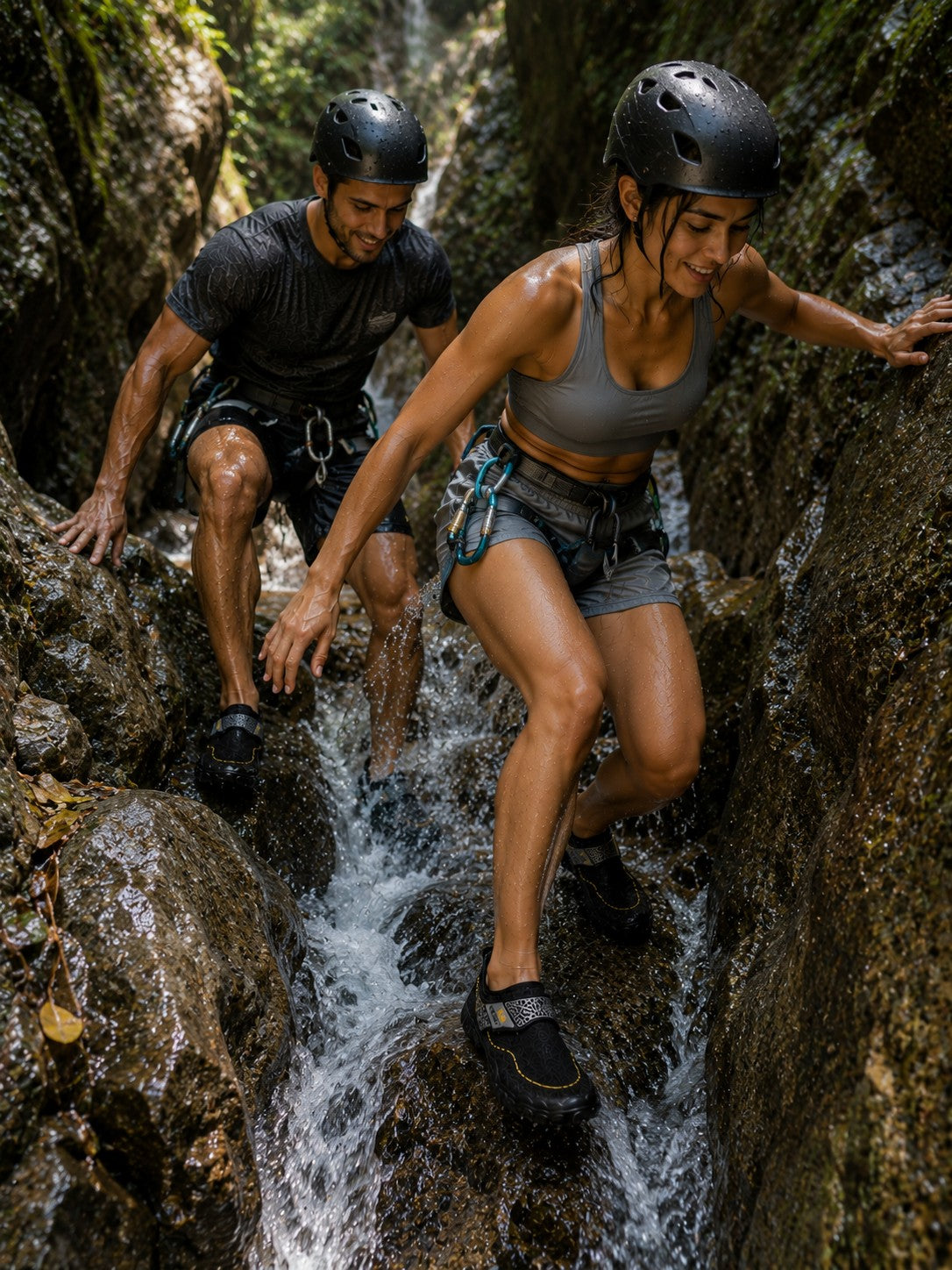 Pareja con uzi sport guadalajara zapatos acuáticos Manta Flow negros escalando rocas mojadas en un río