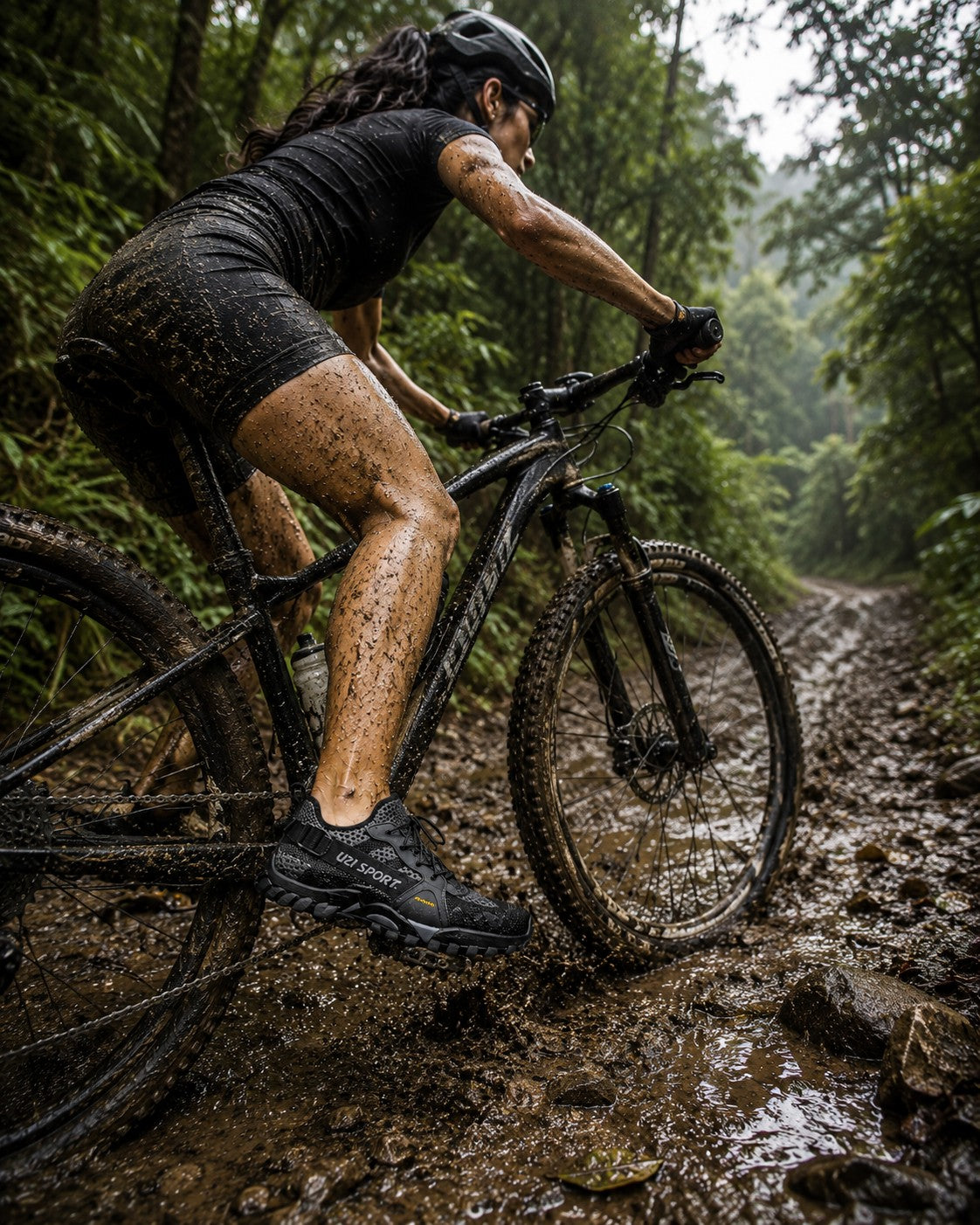 Ciclista con zapatos uzi sport guadalajara Master Trekker negros en sendero de lodo para ciclismo de montaña.
